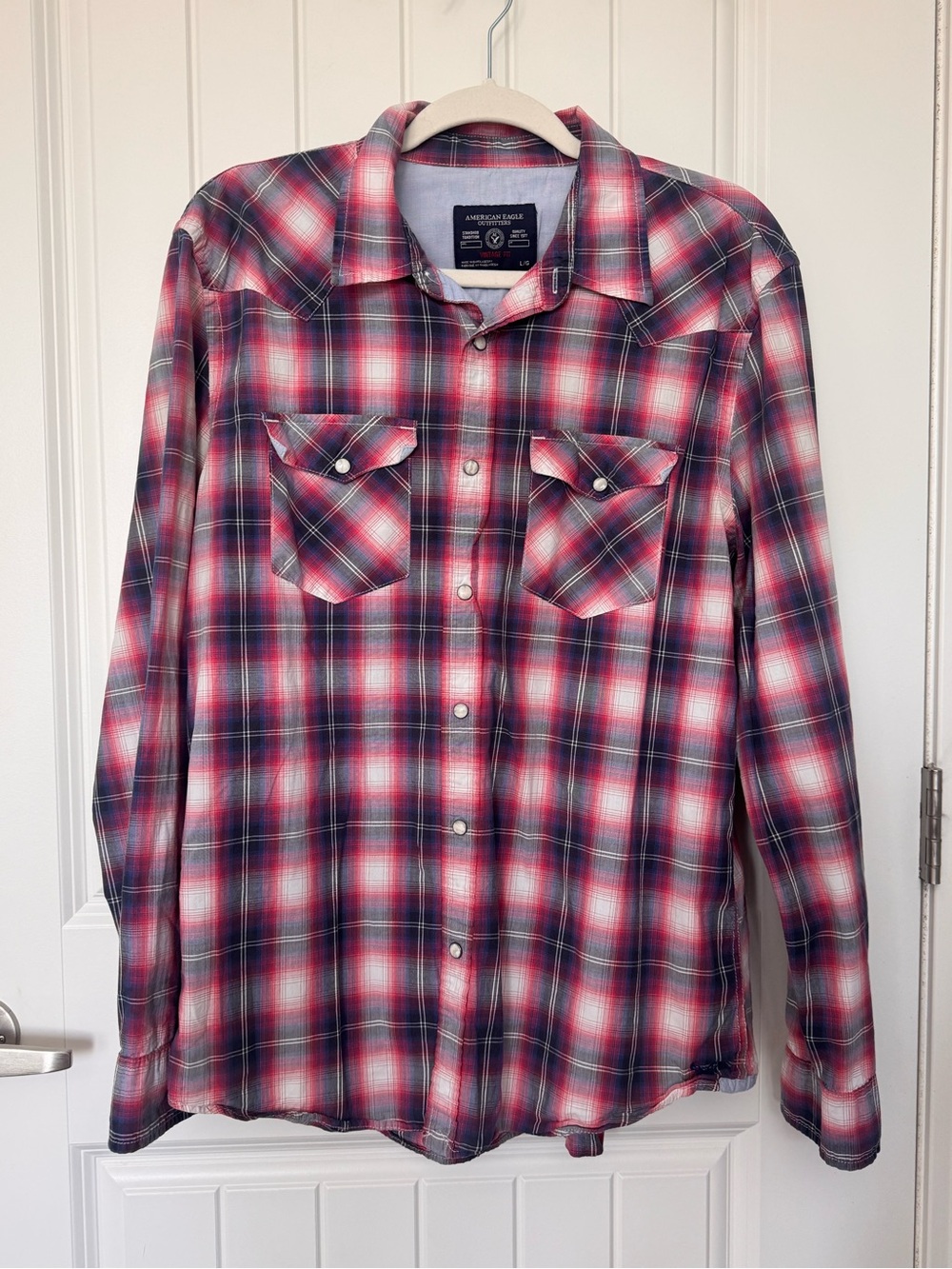 American Eagle Men’s Large Plaid Pearl Snap Western Shirt Vintage Fit